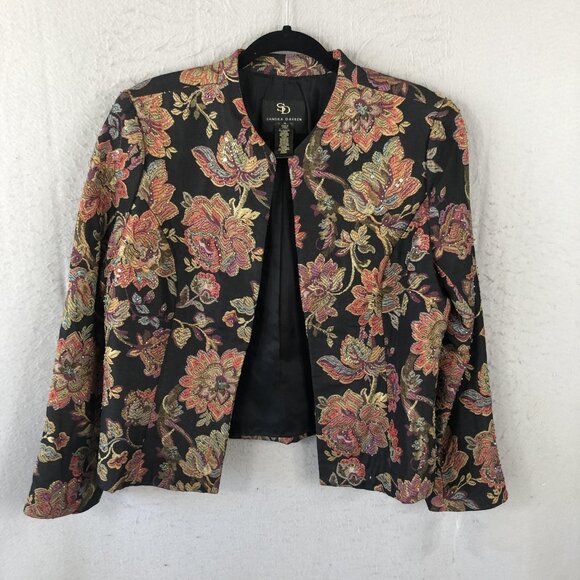 Sandra Darren Jacket Womens 14 Black Multicolor Floral Sequin Brocade Open Front - Picture 1 of 16
